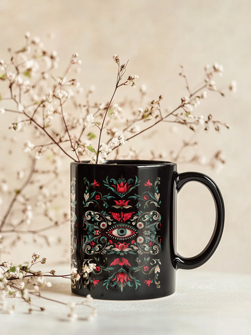 A black ceramic mug featuring a symmetrical folk art design with a central mystic eye motif in turquoise and coral. The design includes ornate scrollwork, red tulip-like flowers, sage green leaves, and cream flourishes arranged in a decorative pattern. The mug has a glossy finish with a C-shaped handle.